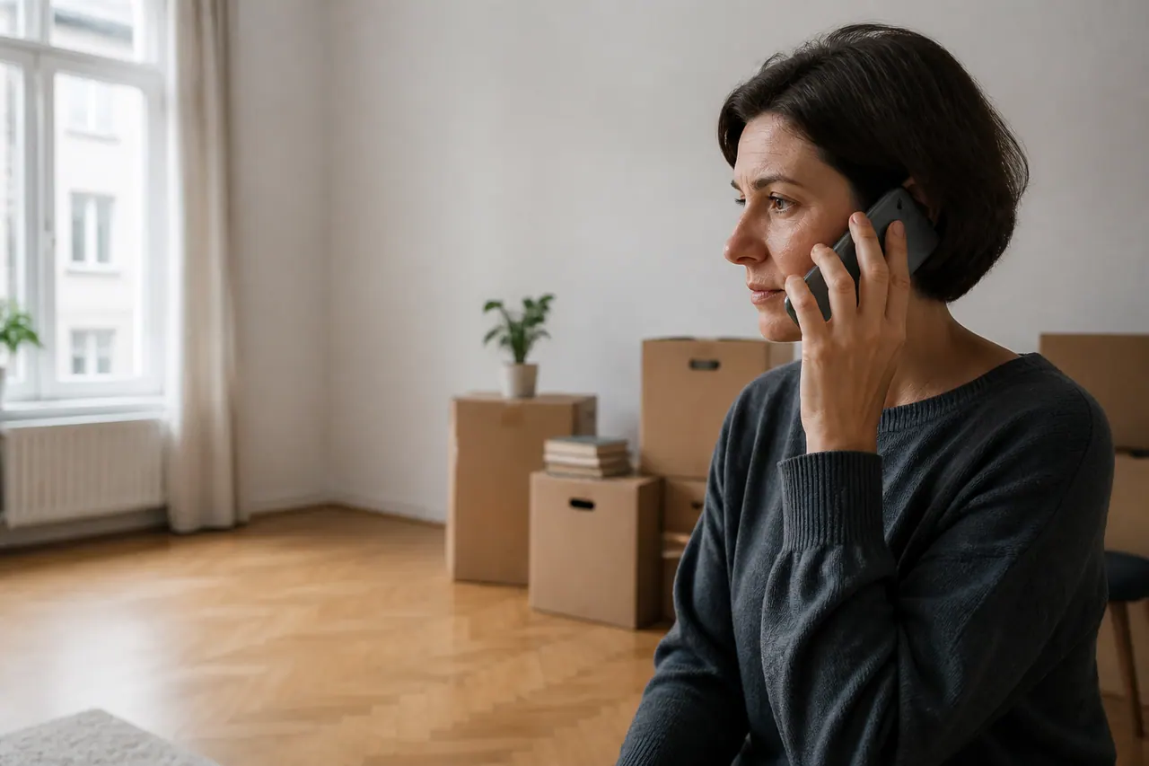 Frau telefoniert in einer fast leeren Wohnung neben Umzugskartons