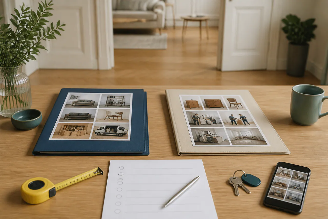 Zwei Angebotsmappen mit Fotoblättern, Prüfliste und Maßband auf einem Tisch