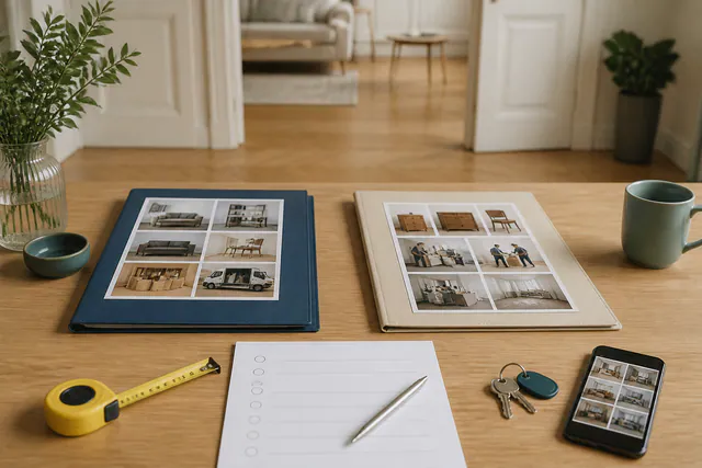 Zwei Angebotsmappen mit Fotoblättern, Prüfliste und Maßband auf einem Tisch