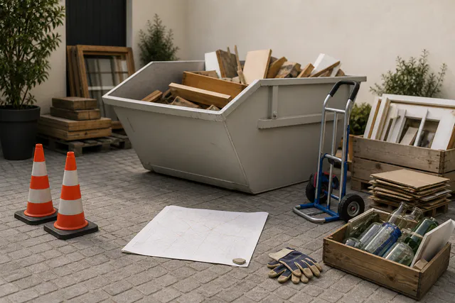 Absetzcontainer, markierte Stellfläche und getrennte Materialgruppen auf einem Betriebshof