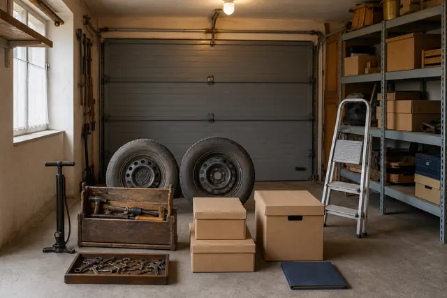 Geordnete Garage mit Werkzeugkiste, Ersatzrädern, Leiter, Unterlagen und Kartons