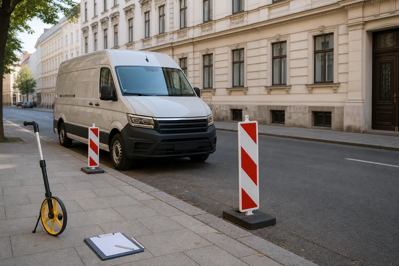 Transporter, rot-weiße Absperrständer und Messrad an einem freien Straßenrand
