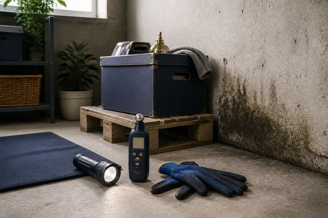 Kellerregal mit Sortierboxen, Taschenlampe, Handschuhen und Feuchtigkeitsmessgerät