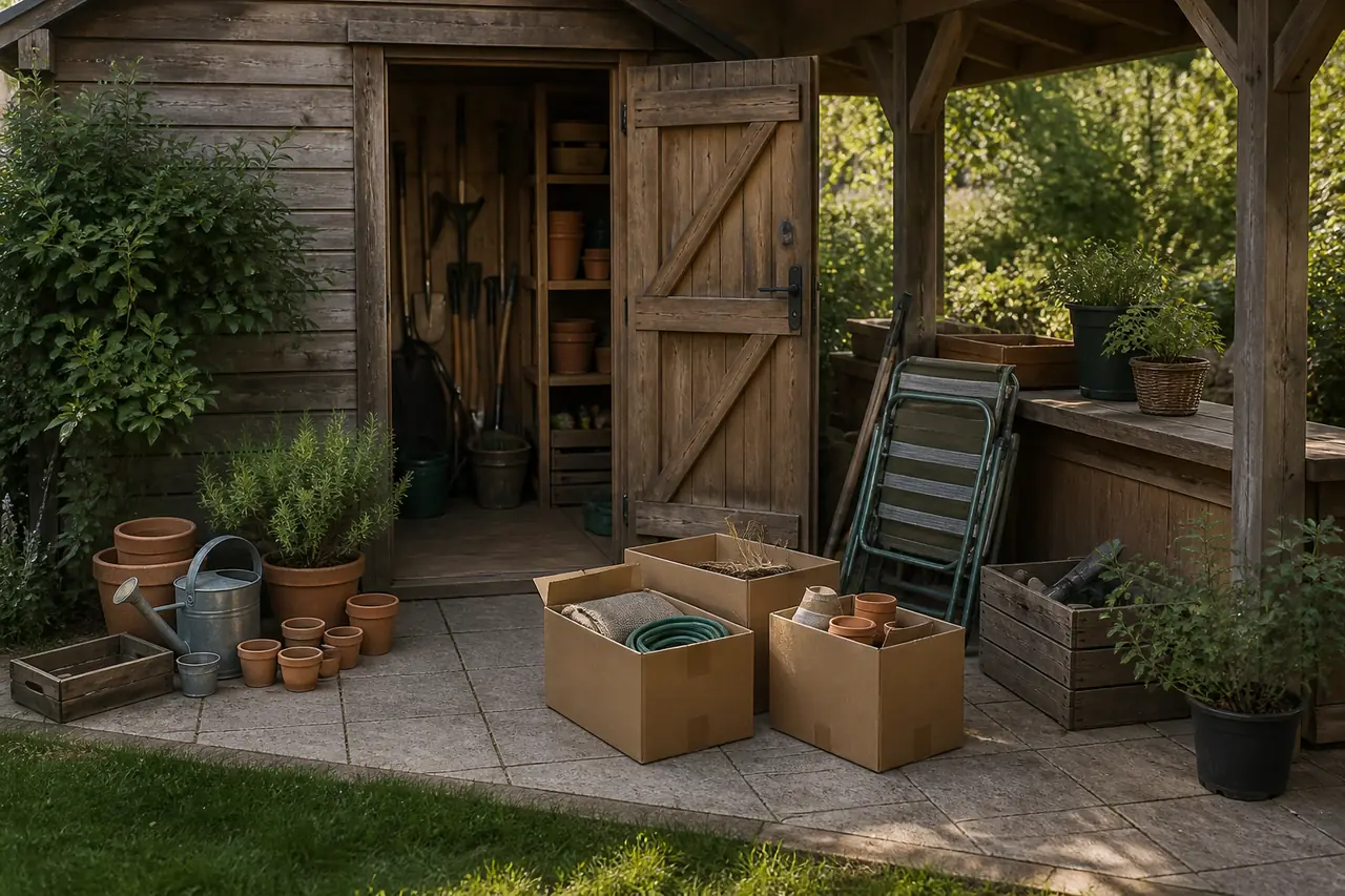 Geöffnete Gartenhütte mit sortierten Töpfen, Werkzeugen, Gartenstuhl und Transportkartons