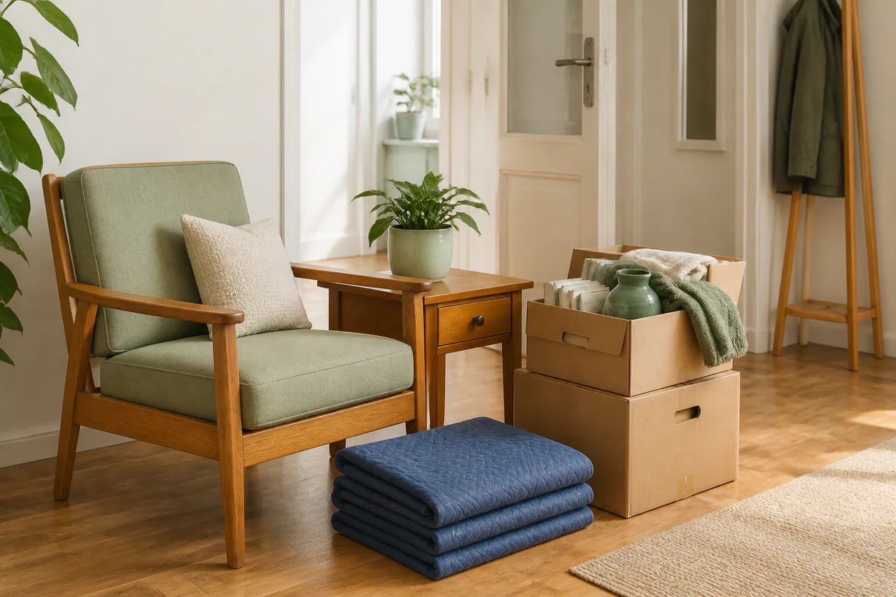 Gut erhaltener Sessel, Beistelltisch und sauber verpackte Haushaltswaren