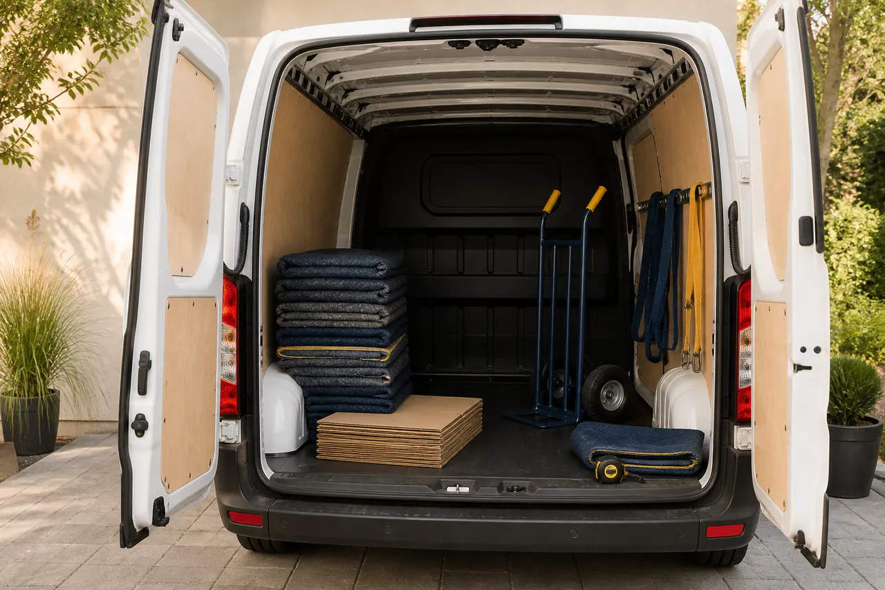 Offener Transporter mit Sackkarre, Gurten, Decken und geordneten Kartons