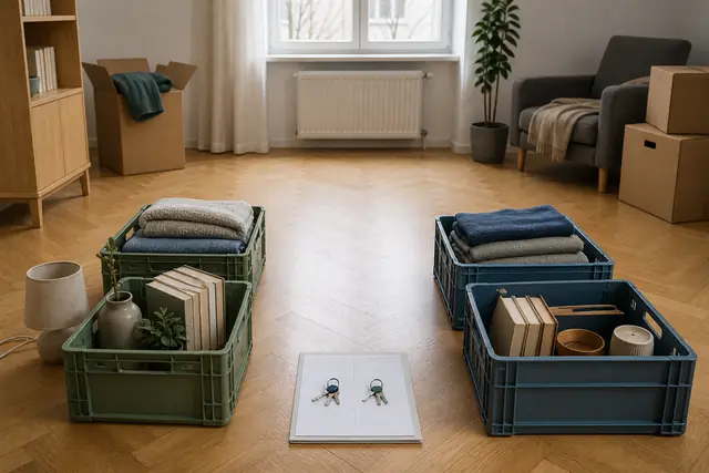 Zwei getrennte Gruppen aus Haushaltsgegenständen, Schlüsseln und Umzugskartons in einer Wohnung