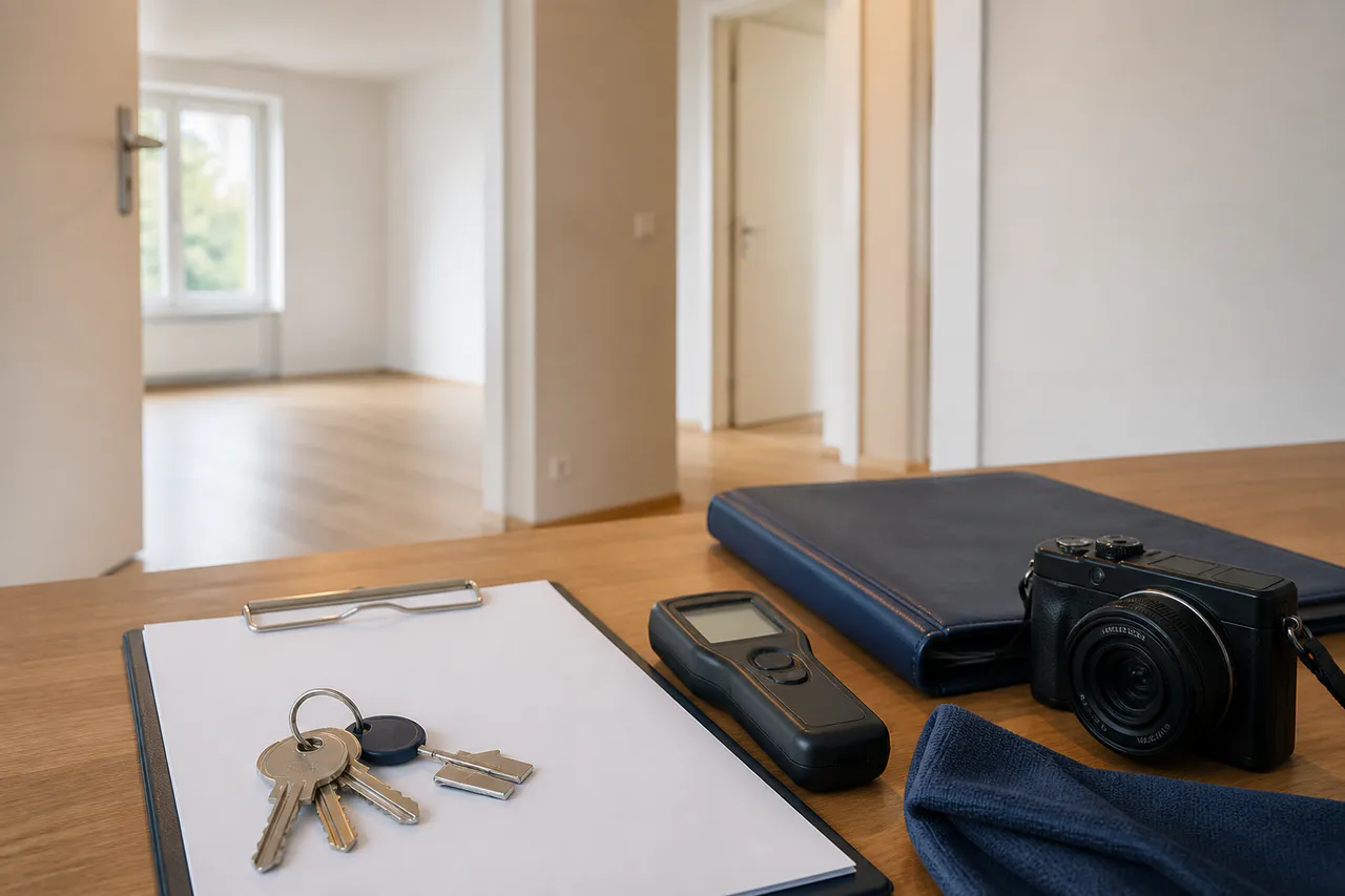Leere Wohnung mit Übergabemappe, Schlüsselbund, Kamera und Zählernotizen