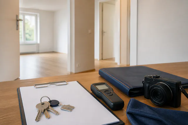 Leere Wohnung mit Übergabemappe, Schlüsselbund, Kamera und Zählernotizen