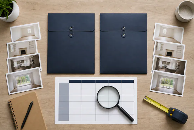 Zwei Angebotsmappen mit identischen Raumfotos, Vergleichsraster und Lupe