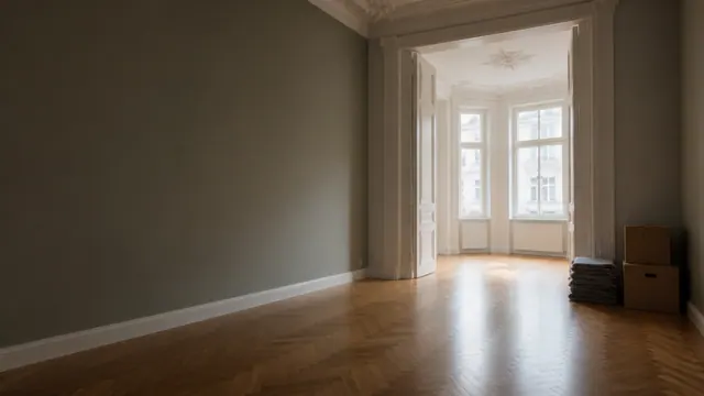 Leerer, aufgeräumter Wohnraum mit zwei gepackten Kartons