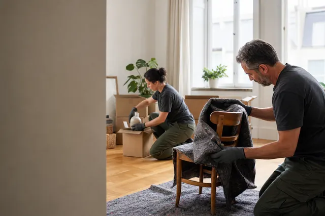 Zwei Fachkräfte schützen und sortieren Möbel in einer hellen Wohnung