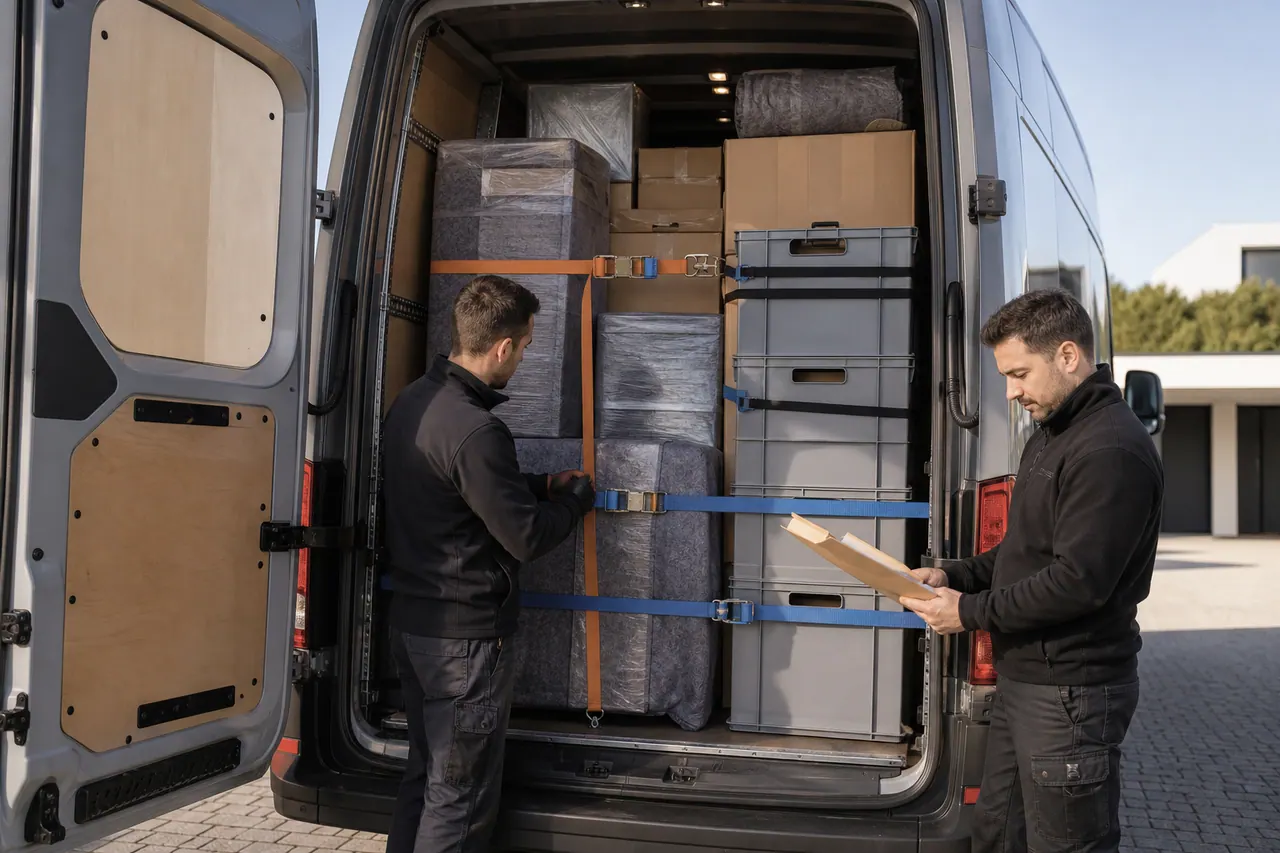 Zwei Fachkräfte sichern Möbel und Kartons in einem Transporter.