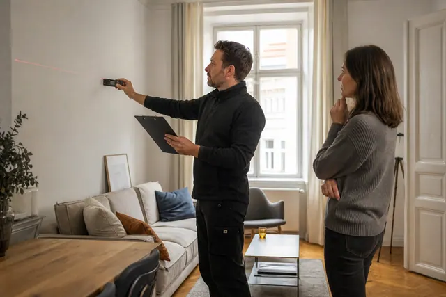 Fachkraft bespricht mit einer Kundin Maße und Planung in einer Wohnung